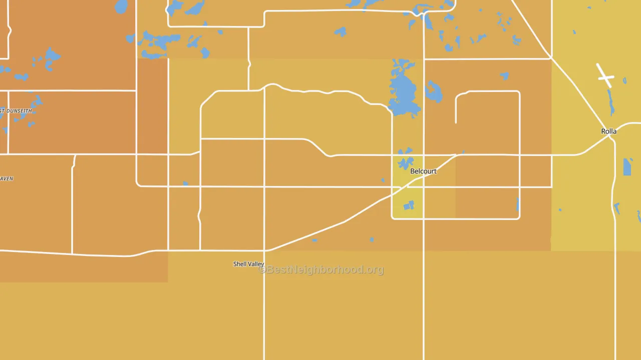 Map of the best neighborhoods in the Rolette County area, with better matches in green and worse matches in red