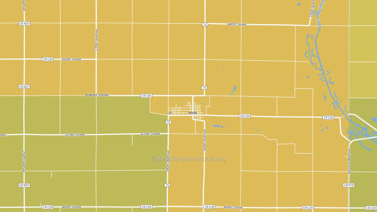 Map of the best neighborhoods in the Rolfe area, with better matches in green and worse matches in red