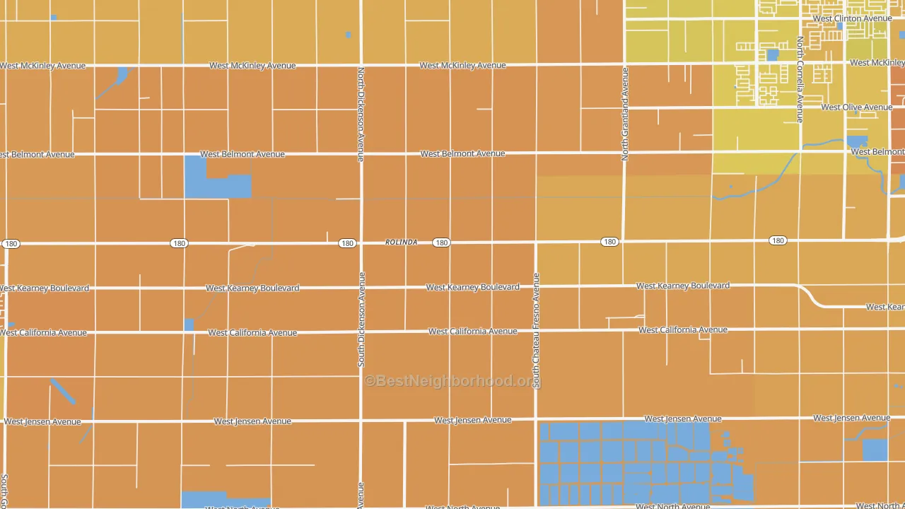 Map of the best neighborhoods in the Rolinda area, with better matches in green and worse matches in red