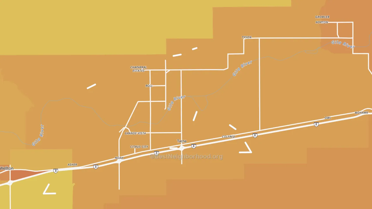 Map of the best neighborhoods in the Roll area, with better matches in green and worse matches in red
