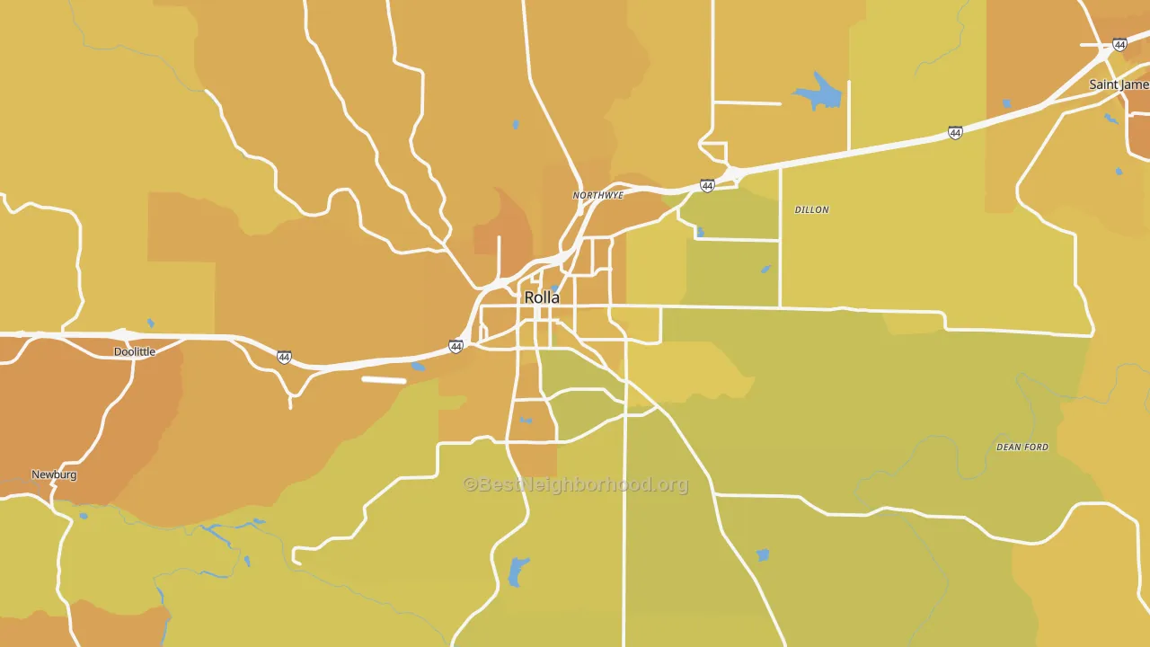 Map of the best neighborhoods in the Rolla area, with better matches in green and worse matches in red