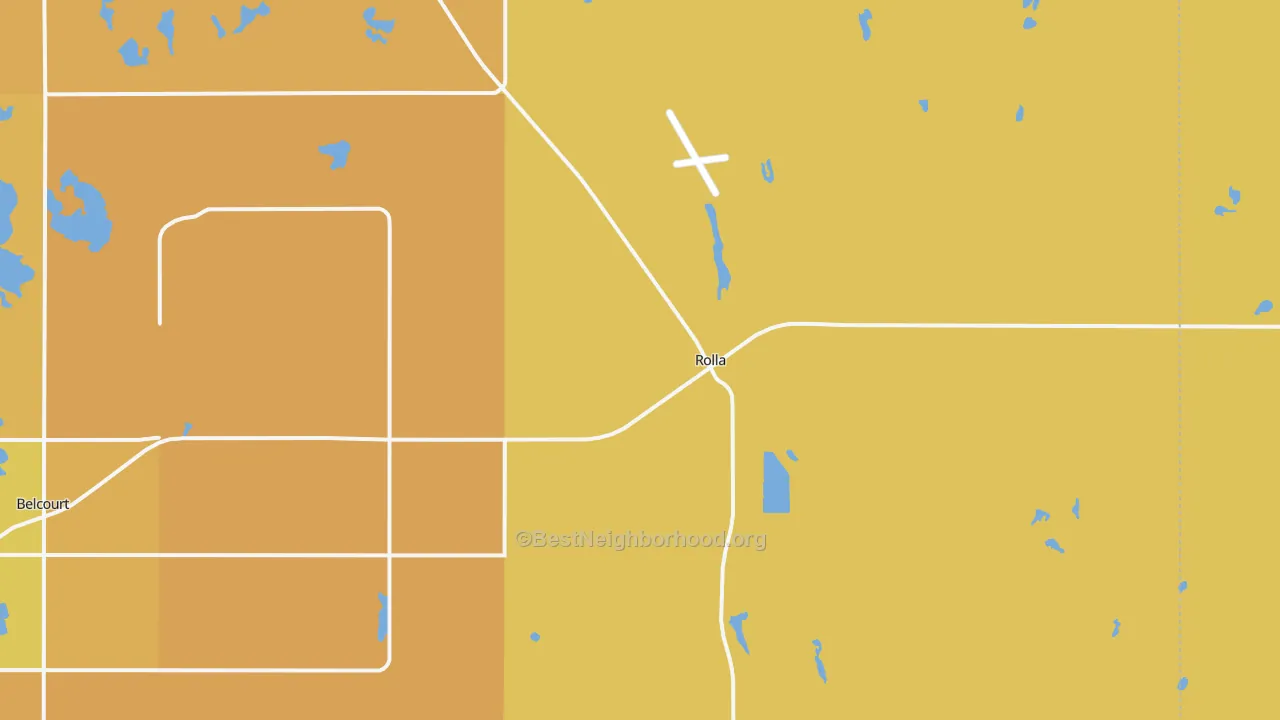 Map of the best neighborhoods in the Rolla area, with better matches in green and worse matches in red
