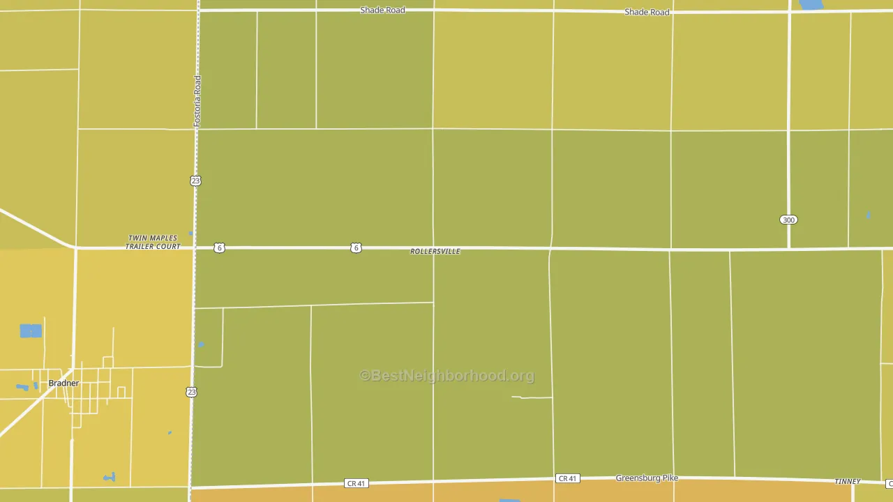 Map of the best neighborhoods in the Rollersville area, with better matches in green and worse matches in red