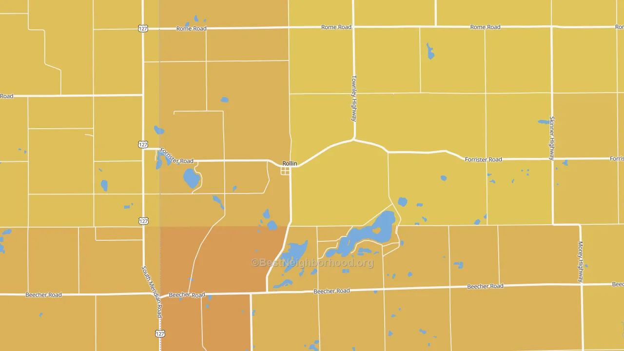 Map of the best neighborhoods in the Rollin area, with better matches in green and worse matches in red