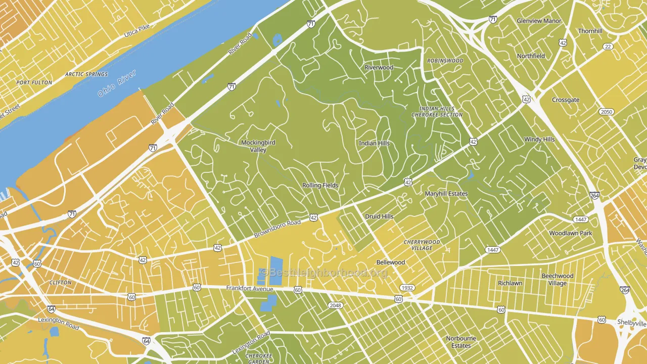 Map of the best neighborhoods in the Rolling Fields area, with better matches in green and worse matches in red