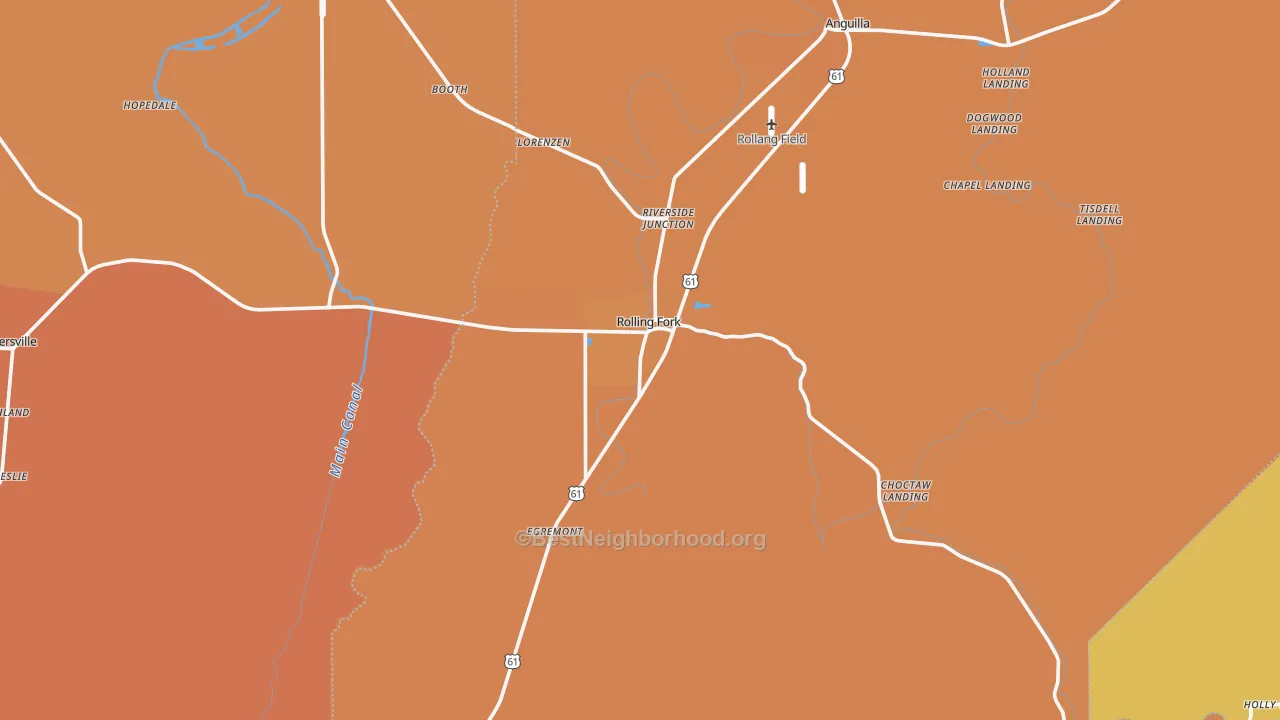 Map of the best neighborhoods in the Rolling Fork area, with better matches in green and worse matches in red