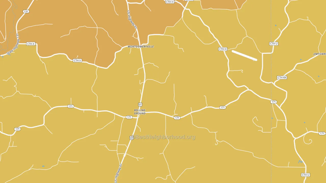 Map of the best neighborhoods in the Rolling Ground area, with better matches in green and worse matches in red
