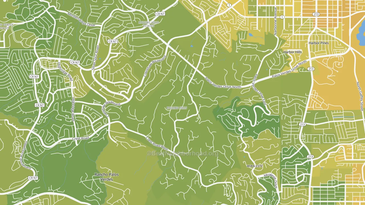 Map of the best neighborhoods in the Rolling Hills area, with better matches in green and worse matches in red