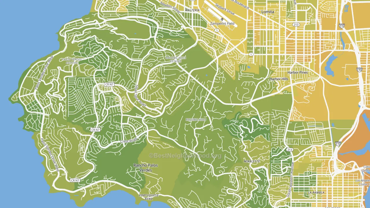 Map of the best neighborhoods in the Rolling Hills Estates area, with better matches in green and worse matches in red