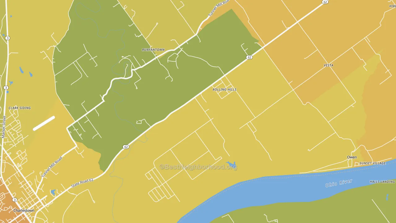 Map of the best neighborhoods in the Rolling Hills area, with better matches in green and worse matches in red