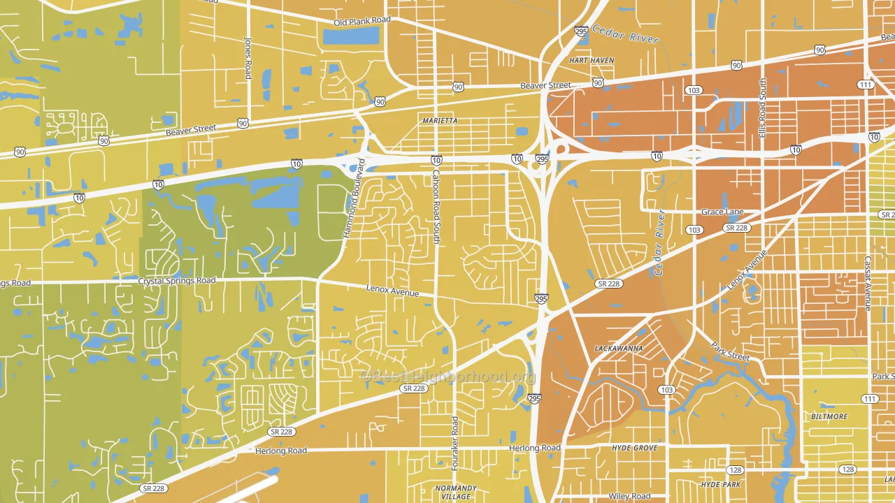 Map of the best neighborhoods in the Rolling Hills, Jacksonville area, with better matches in green and worse matches in red