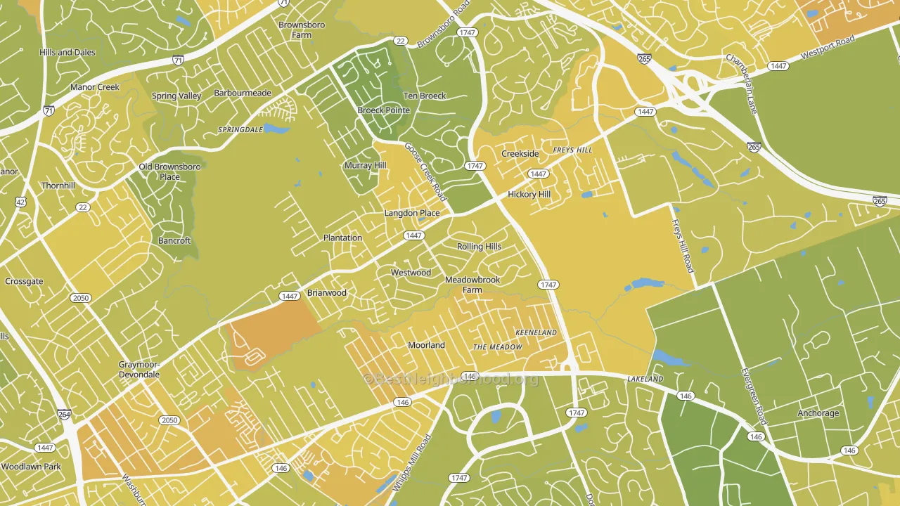 Map of the best neighborhoods in the Rolling Hills area, with better matches in green and worse matches in red