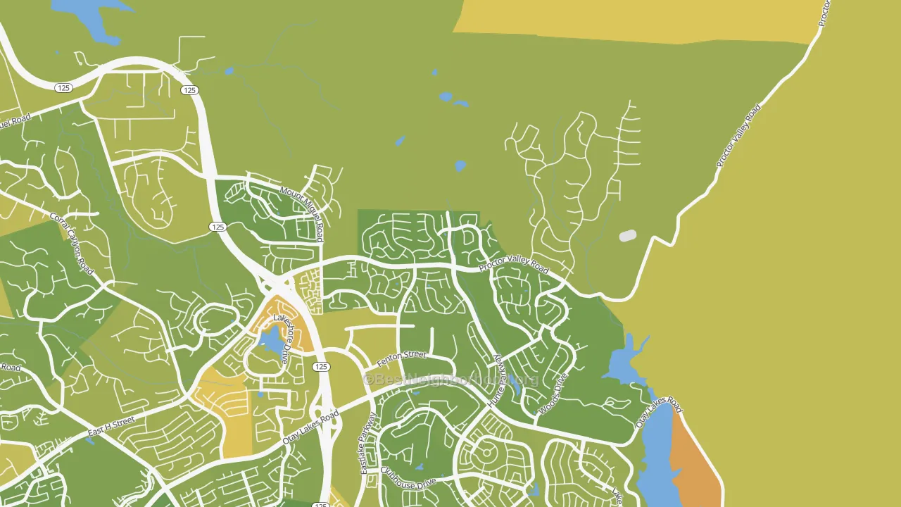 Map of the best neighborhoods in the Rolling Hills Ranch, Chula Vista area, with better matches in green and worse matches in red