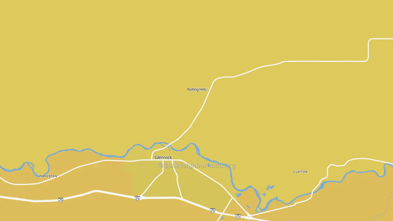 Map of the best neighborhoods in the Rolling Hills area, with better matches in green and worse matches in red