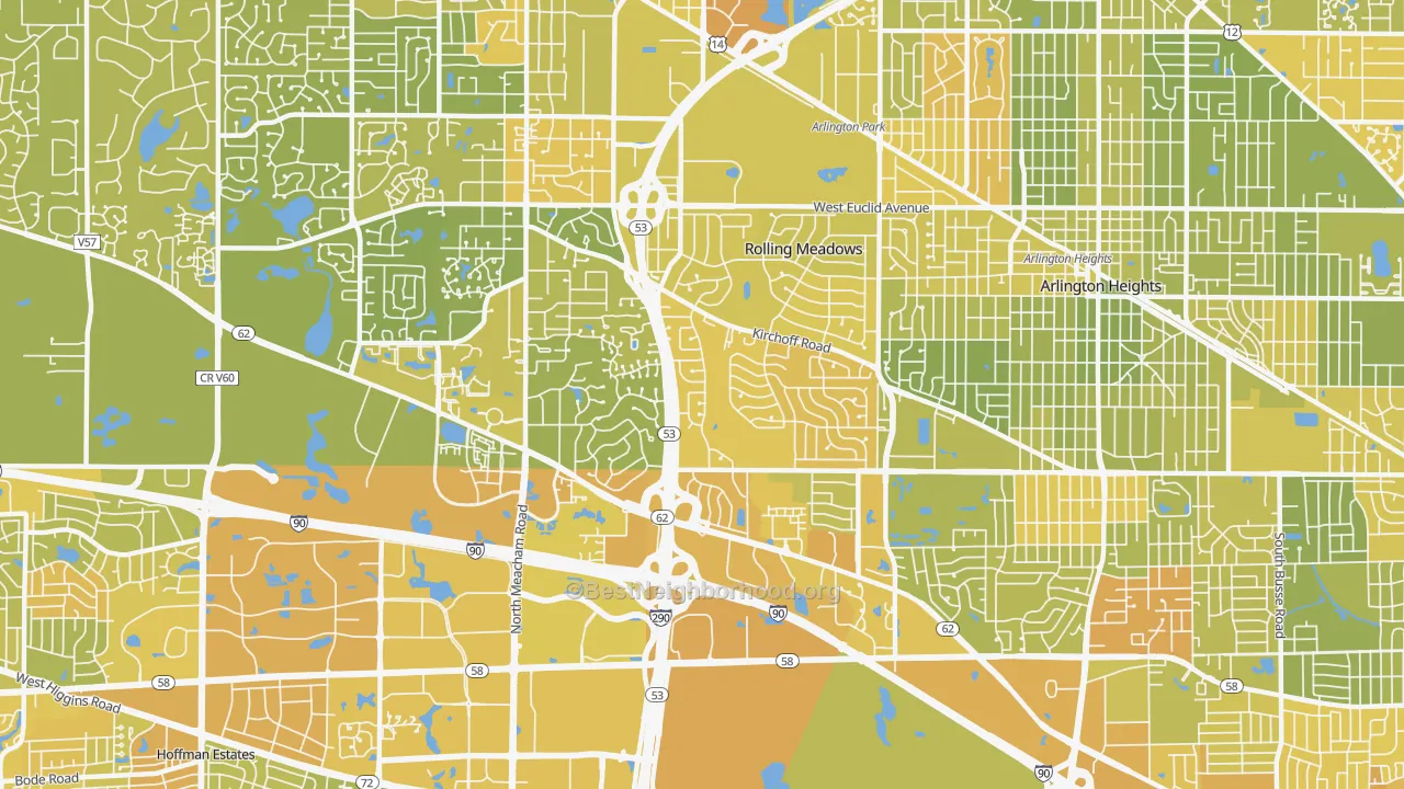 Map of the best neighborhoods in the Rolling Meadows area, with better matches in green and worse matches in red