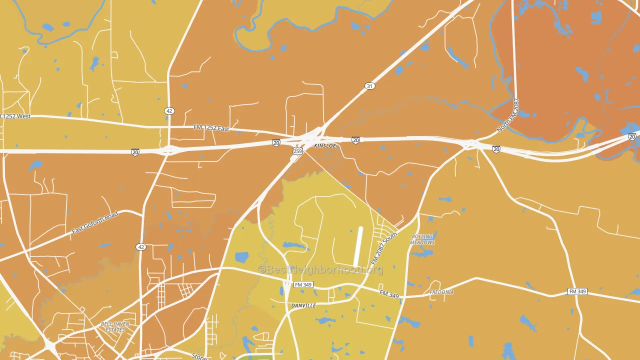 Map of the best neighborhoods in the Rolling Meadows area, with better matches in green and worse matches in red