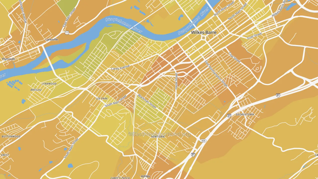 Map of the best neighborhoods in the Rolling Mill Hill, Wilkes-Barre area, with better matches in green and worse matches in red