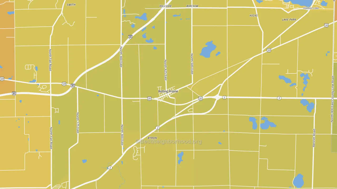 Map of the best neighborhoods in the Rolling Prairie area, with better matches in green and worse matches in red