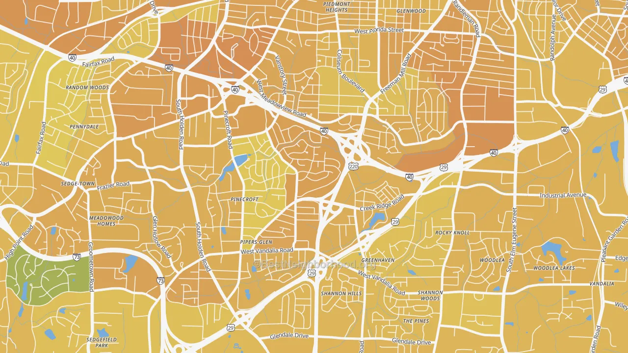 Map of the best neighborhoods in the Rolling Roads, Greensboro area, with better matches in green and worse matches in red