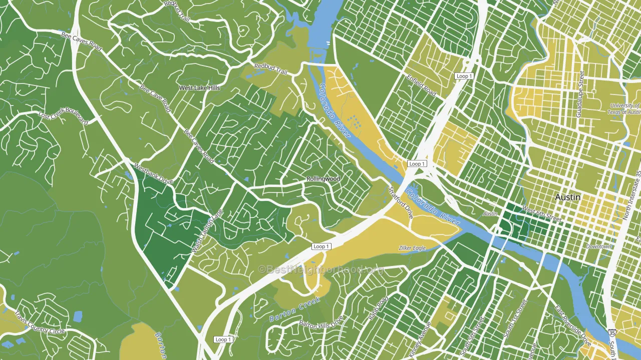 Map of the best neighborhoods in the Rollingwood area, with better matches in green and worse matches in red