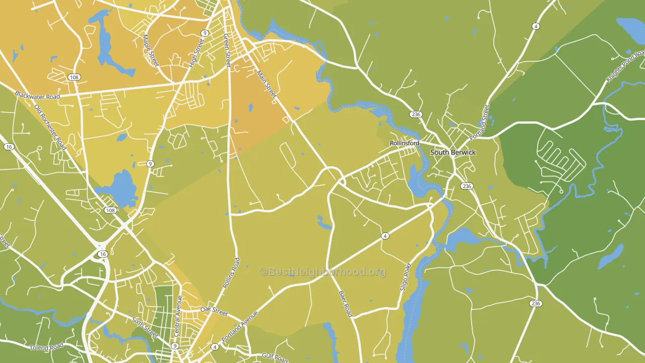 Map of the best neighborhoods in the Rollinsford area, with better matches in green and worse matches in red