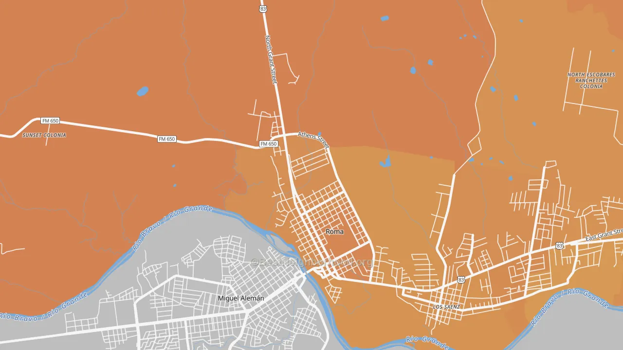 Map of the best neighborhoods in the Roma Creek area, with better matches in green and worse matches in red