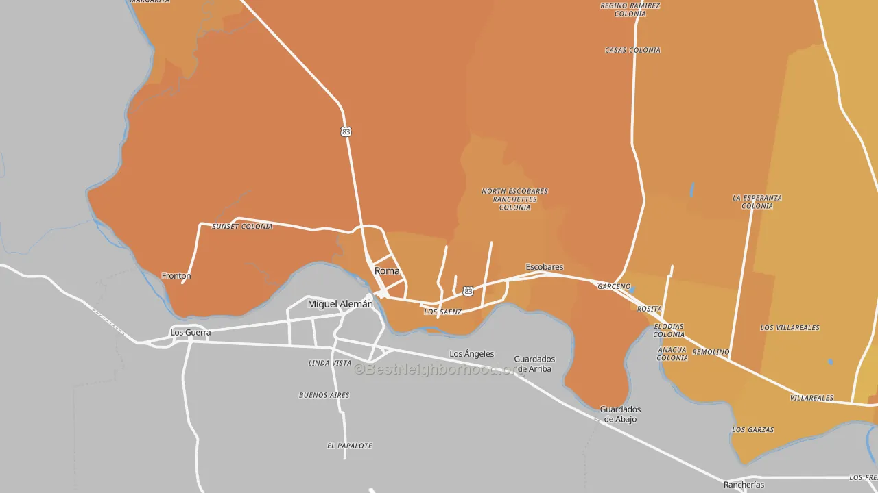 Map of the best neighborhoods in the Roma area, with better matches in green and worse matches in red