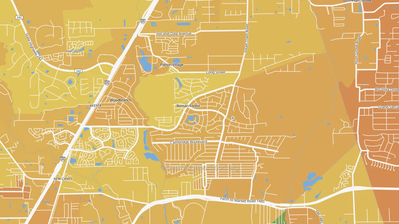 Map of the best neighborhoods in the Roman Forest area, with better matches in green and worse matches in red