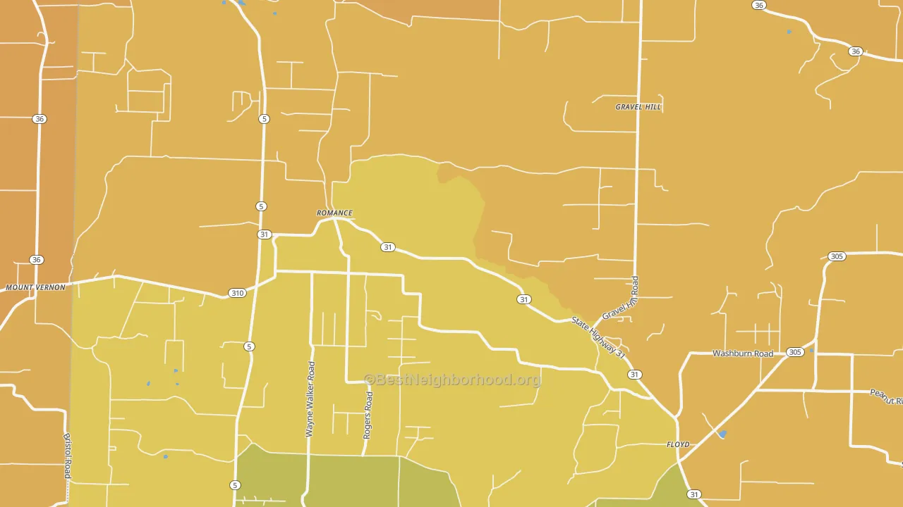 Map of the best neighborhoods in the Romance area, with better matches in green and worse matches in red