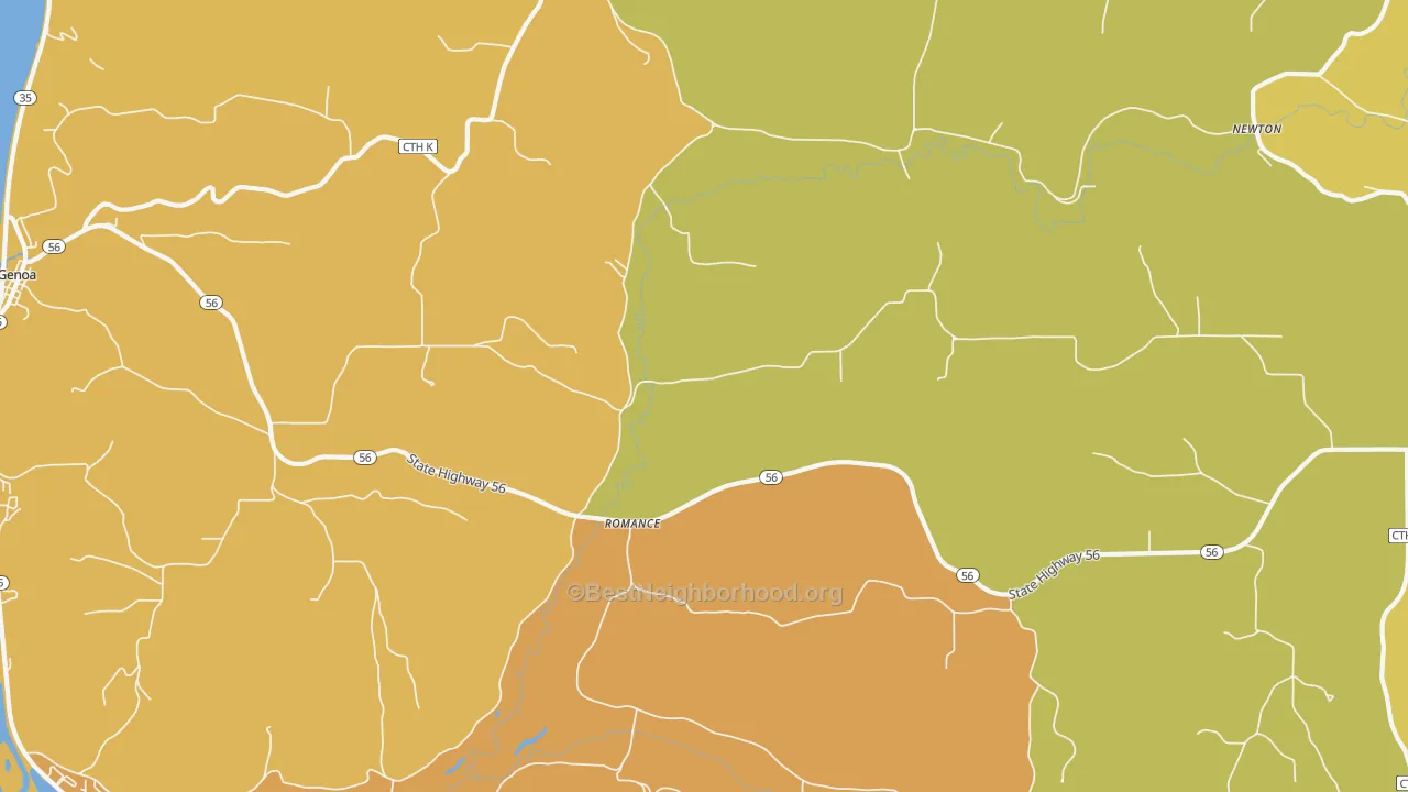 Map of the best neighborhoods in the Romance area, with better matches in green and worse matches in red