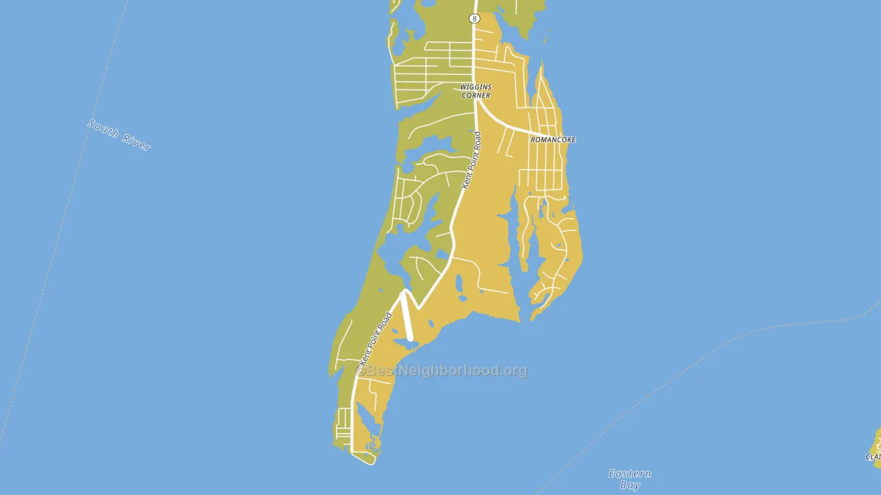 Map of the best neighborhoods in the Romancoke on the Bay area, with better matches in green and worse matches in red