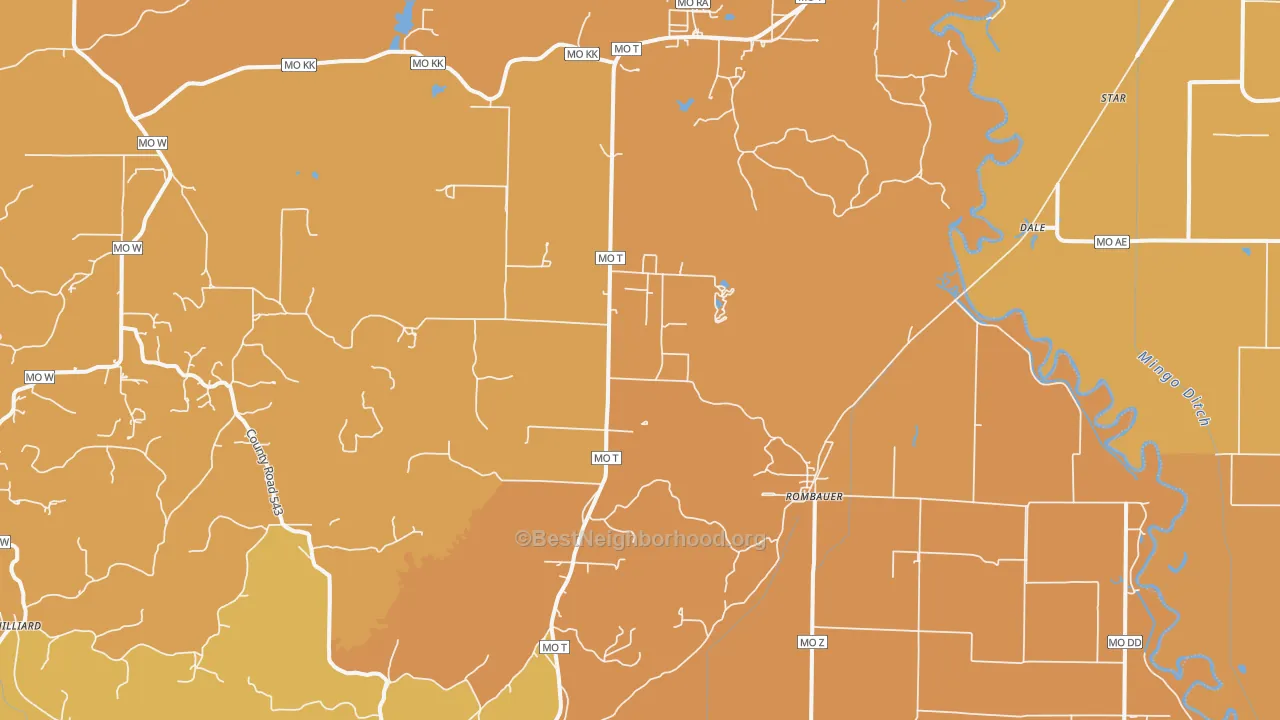 Map of the best neighborhoods in the Rombauer area, with better matches in green and worse matches in red