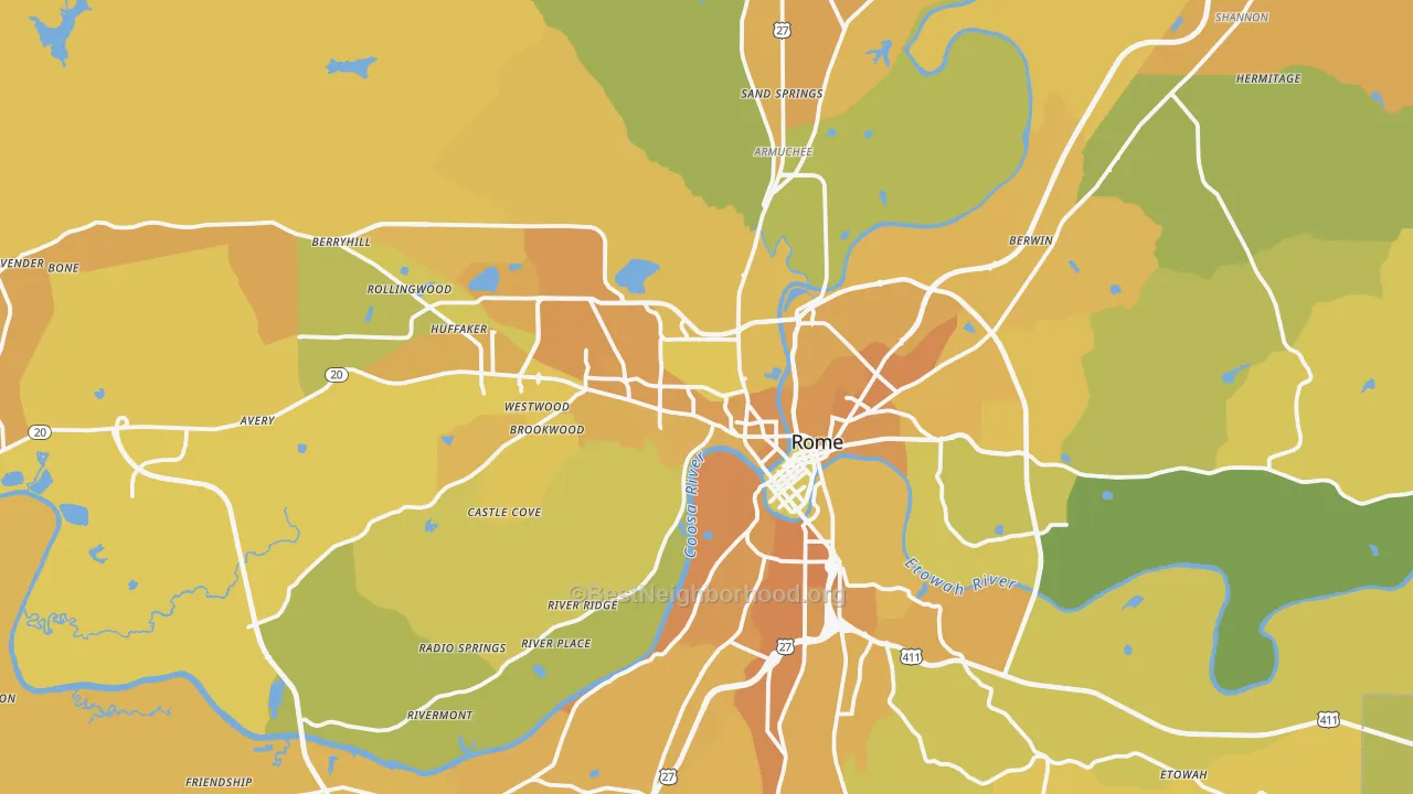 Map of the best neighborhoods in the Rome Metro area, with better matches in green and worse matches in red