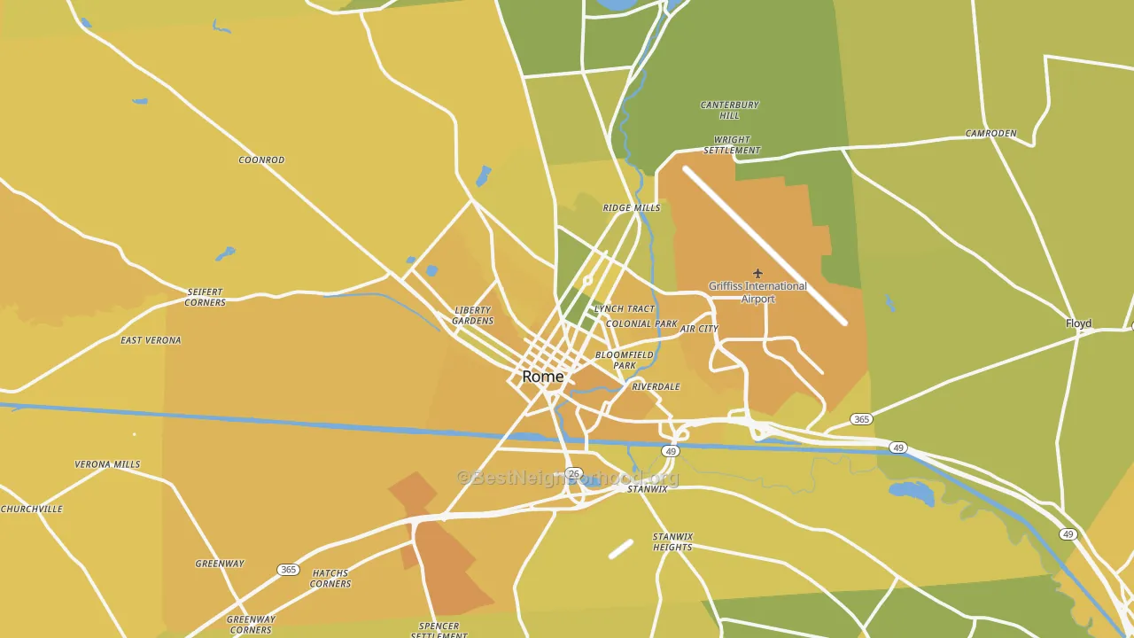 Map of the best neighborhoods in the Rome area, with better matches in green and worse matches in red