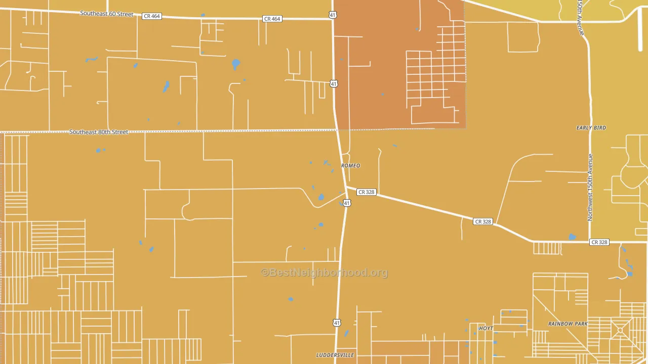 Map of the best neighborhoods in the Romeo area, with better matches in green and worse matches in red