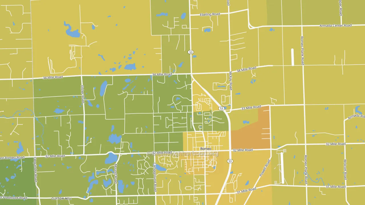 Map of the best neighborhoods in the Romeo area, with better matches in green and worse matches in red