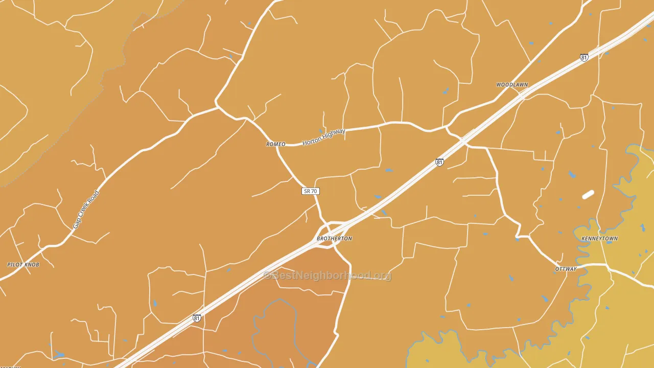 Map of the best neighborhoods in the Romeo area, with better matches in green and worse matches in red