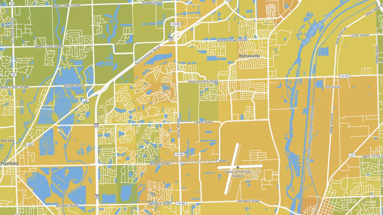 Map of the best neighborhoods in the Romeoville area, with better matches in green and worse matches in red