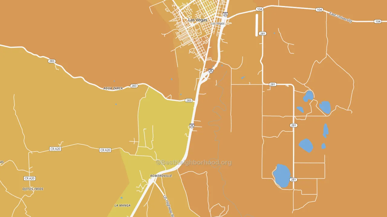 Map of the best neighborhoods in the Romeroville area, with better matches in green and worse matches in red