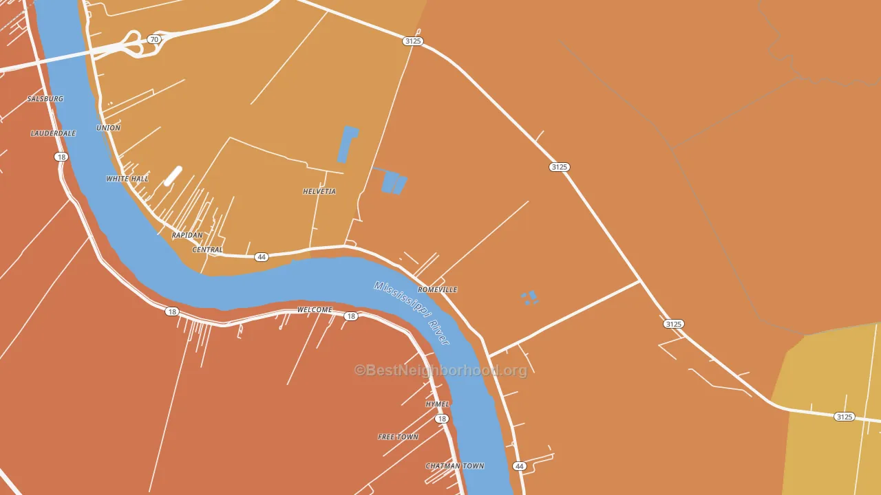 Map of the best neighborhoods in the Romeville area, with better matches in green and worse matches in red
