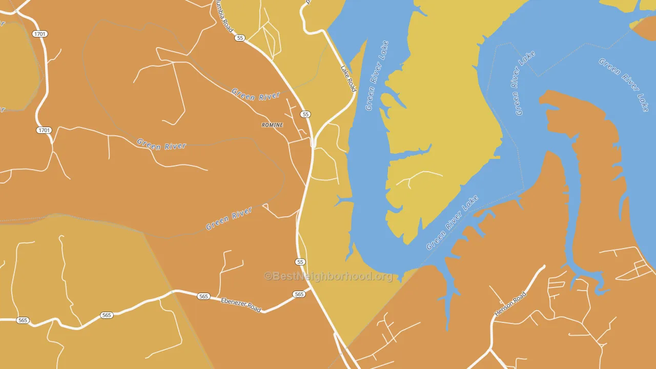 Map of the best neighborhoods in the Romine area, with better matches in green and worse matches in red