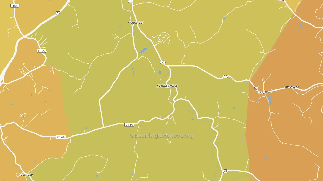 Map of the best neighborhoods in the Romines Mills area, with better matches in green and worse matches in red