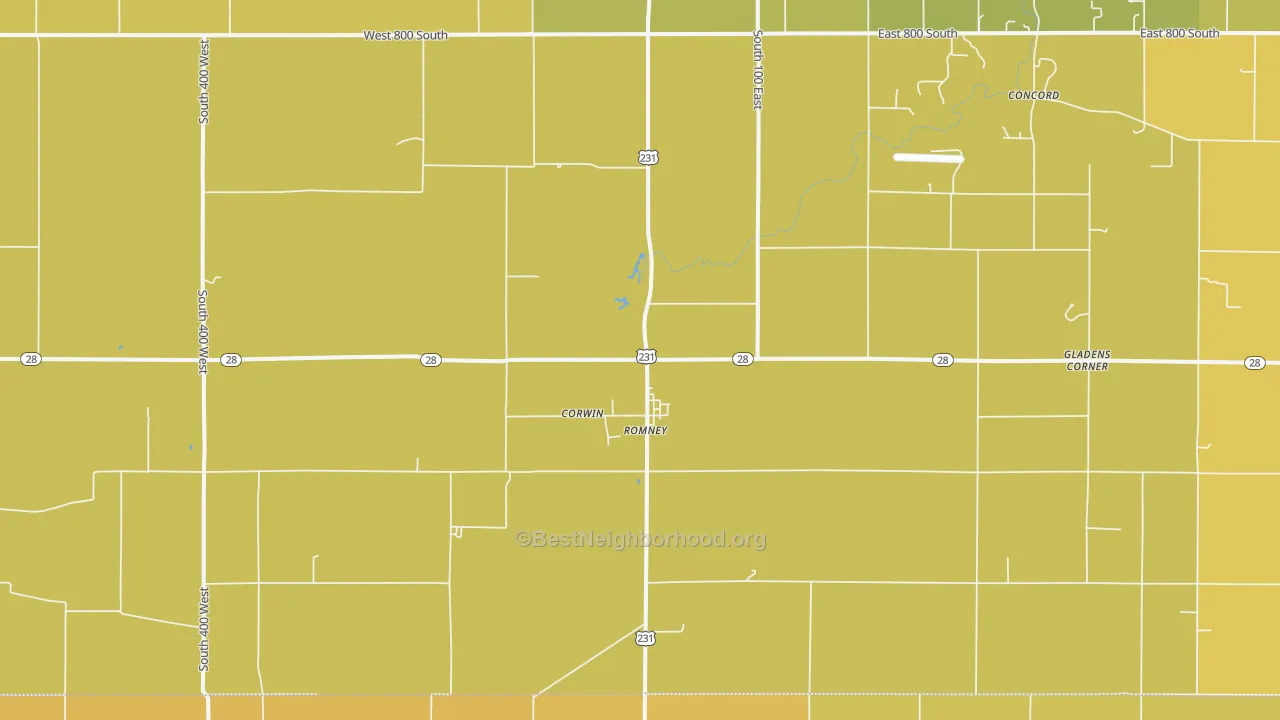 Map of the best neighborhoods in the Romney area, with better matches in green and worse matches in red
