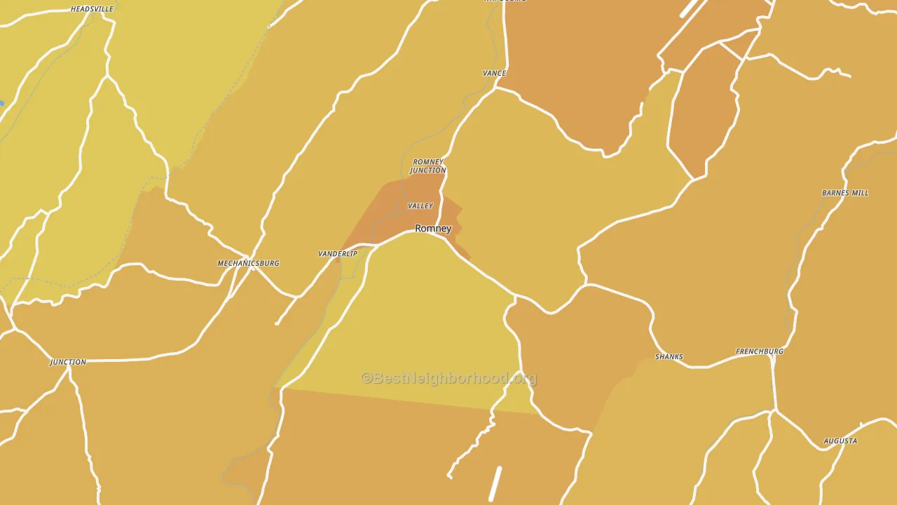 Map of the best neighborhoods in the Romney area, with better matches in green and worse matches in red