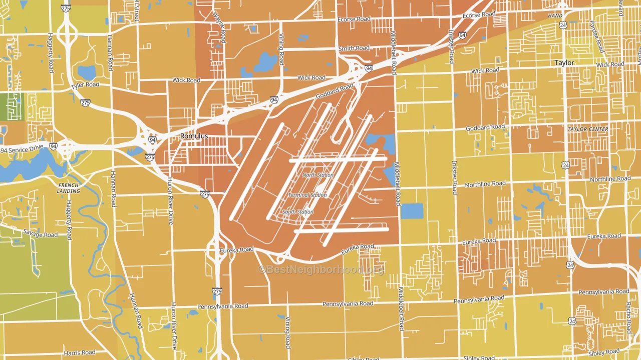 Map of the best neighborhoods in the Romulus area, with better matches in green and worse matches in red