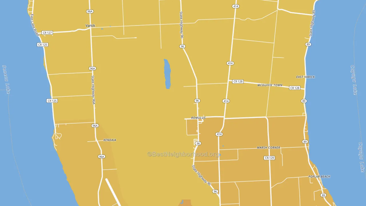 Map of the best neighborhoods in the Romulus area, with better matches in green and worse matches in red