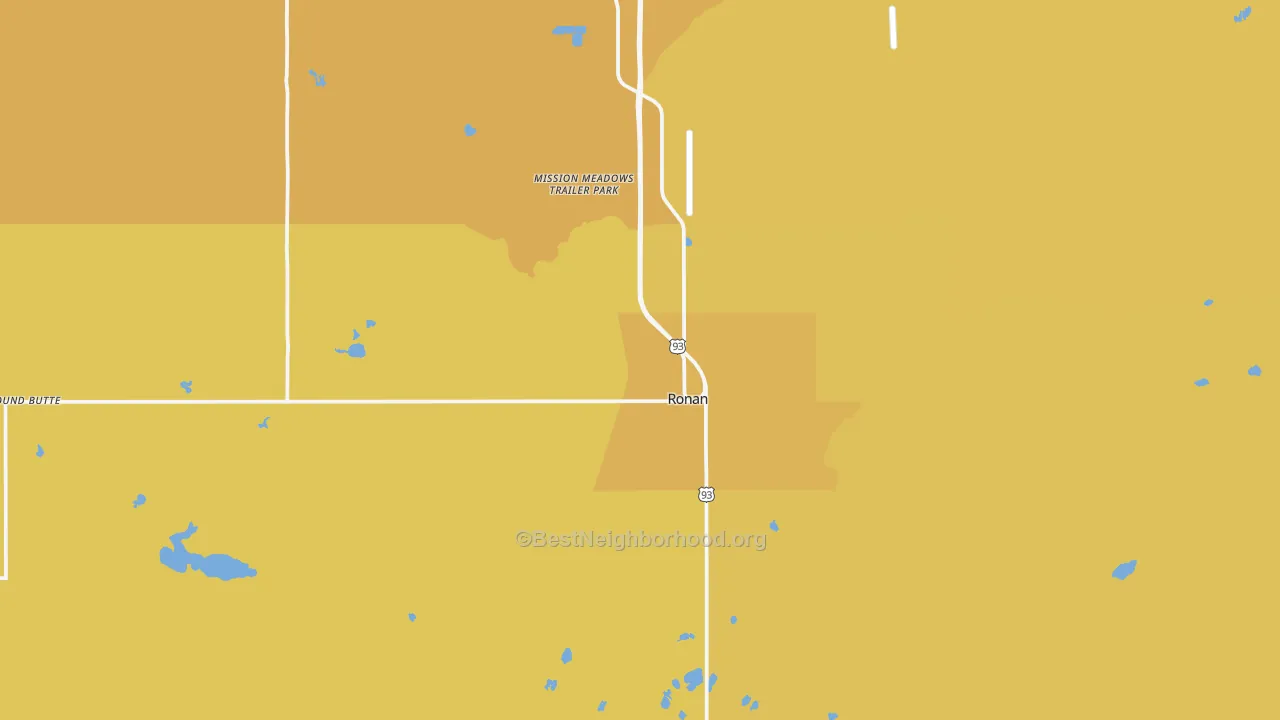 Map of the best neighborhoods in the Ronan area, with better matches in green and worse matches in red