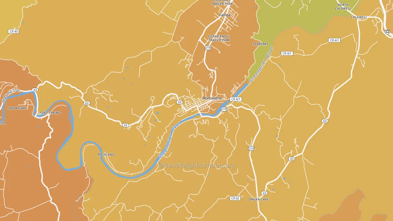 Map of the best neighborhoods in the Ronceverte area, with better matches in green and worse matches in red