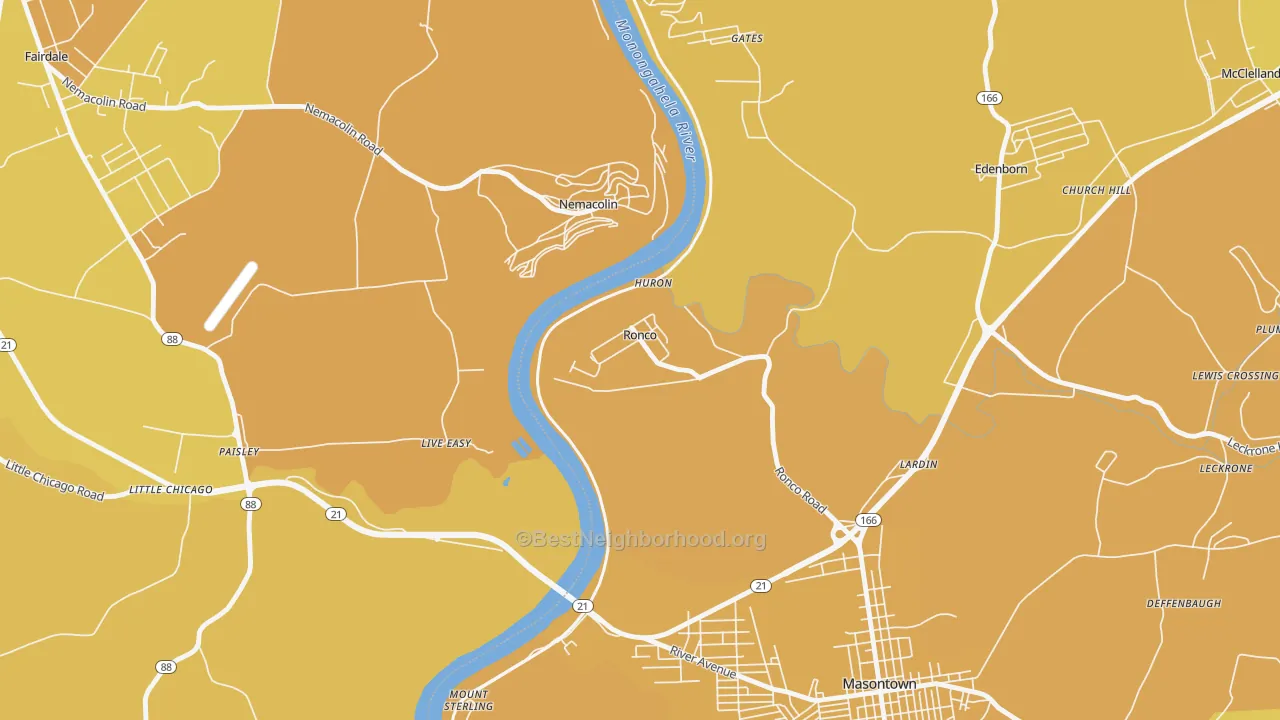 Map of the best neighborhoods in the Ronco area, with better matches in green and worse matches in red