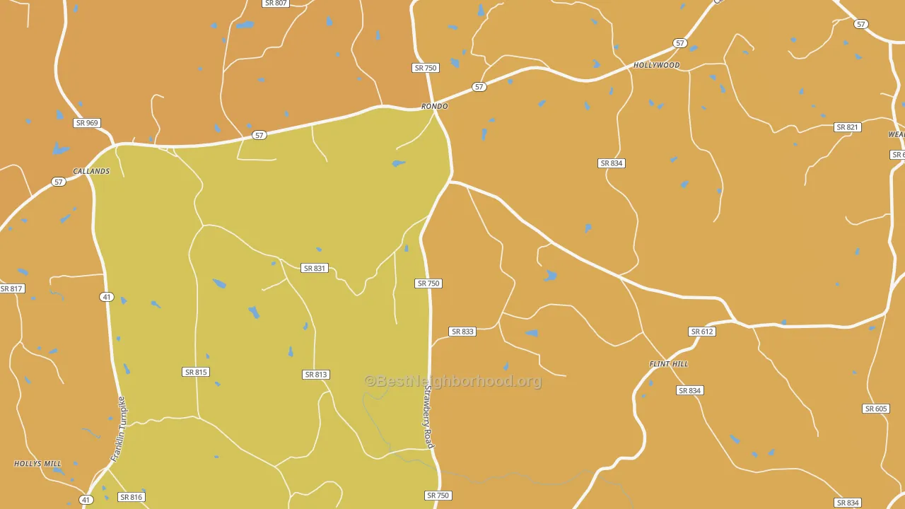 Map of the best neighborhoods in the Rondo area, with better matches in green and worse matches in red